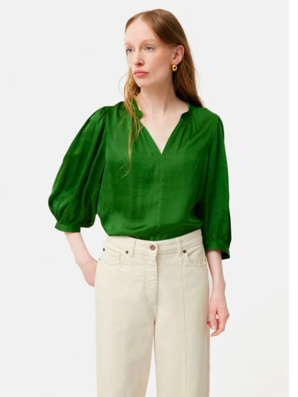 Jigsaw Cicelly Satin Drape Green Blouse Size 10